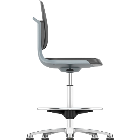Profile of a gray office chair with backrest and footrest. The chair has a silver frame and a black seat.