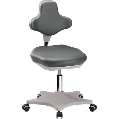 Gray office chair with ergonomic backrest and seat, castors, and adjustable-height column.