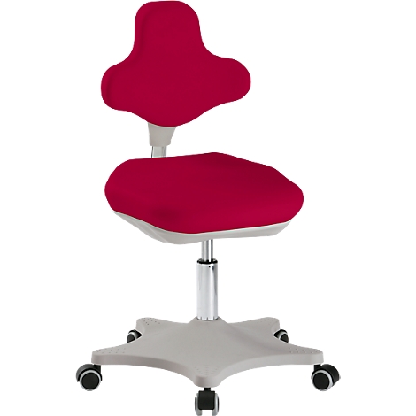 A red ergonomic office chair with a white-grey frame, castors and height-adjustable backrest.
