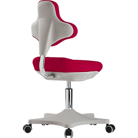 An office chair with a red seat and backrest, a gray base and wheels.