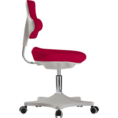 Side view of an ergonomic office chair in red and gray with casters.