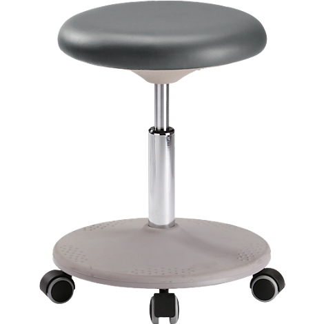 An adjustable office stool with a round, gray seat, chrome-colored column and castors.