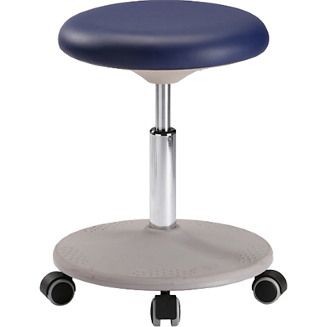 Blue, round stool, height-adjustable, with castors.