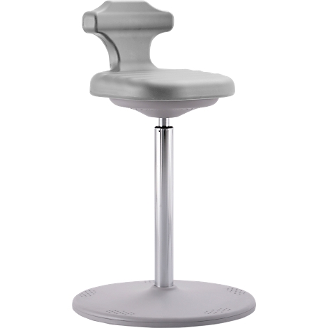 A gray standing stool with a round base, adjustable height column, and seat with backrest.