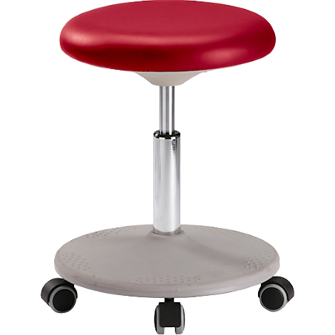 A height-adjustable, red stool with rollers.