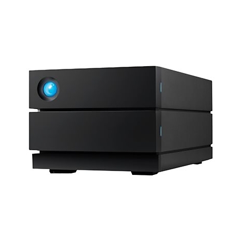 Disque dur externe noir avec une lumière LED bleue. Il est photographié sur un fond blanc.