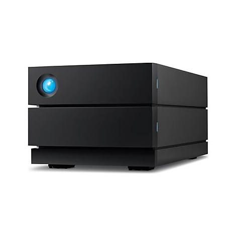 Disque dur externe noir avec lumière LED bleue. Sur fond gris clair.