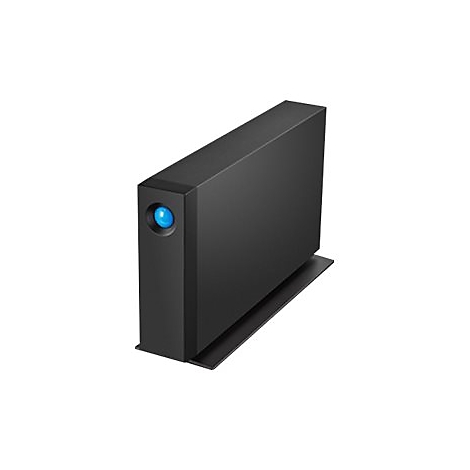 Disque dur externe noir avec lumière bleue. Repose sur un support noir. Face avant avec point bleu.