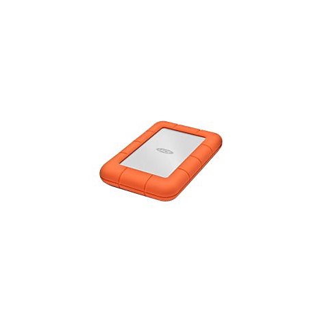 Eine orangefarbene, rechteckige externe Festplatte mit silberner Oberfläche und Firmenlogo.
