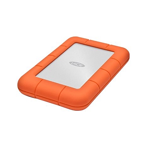 Orangefarbene externe Festplatte mit silberner Oberfläche und LaCie-Logo.