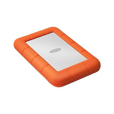 Orange Festplatte mit silberner Oberfläche und 'LaCie' Schriftzug. Rechteckig, auf weißem Hintergrund.