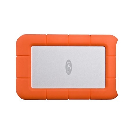 Disque dur externe orange et argent. Le logo 'LACIE' est visible sur la surface argentée.