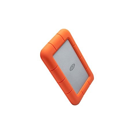 Disque dur externe orange. Surface argentée encadrée par du caoutchouc orange robuste. L'inscription 'Lacie' est visible.