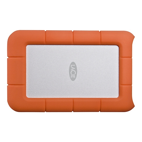 Eine orangefarbene, rechteckige externe Festplatte mit einem silberfarbenen Mittelteil und dem Logo 'LACIE'.