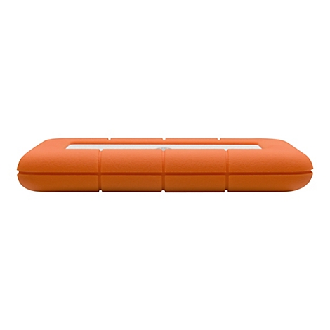 Disque dur externe orange, forme rectangulaire, surface rainurée, insert blanc sur le dessus.