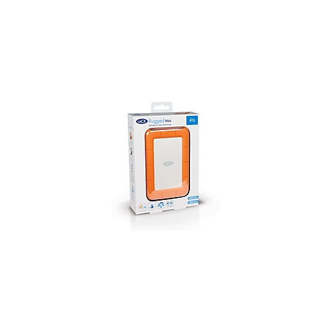Un disque dur LaCie Rugged Mini orange et blanc dans une boîte blanche. Inscription : 4TB.