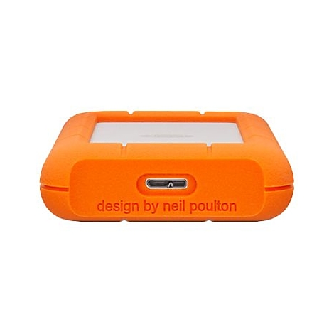 Gros plan sur un disque dur orange avec port USB-C. Imprimé : design by neil poulton.