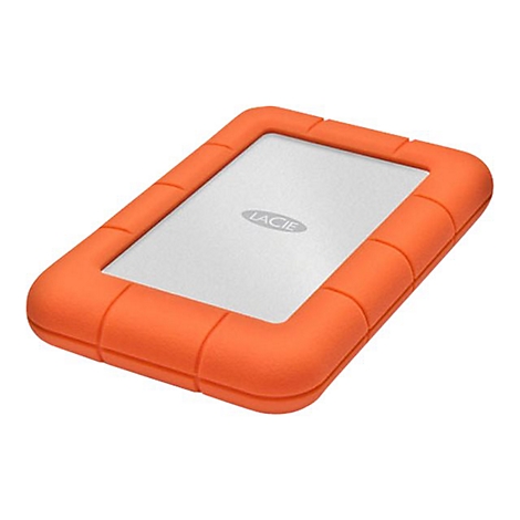 Un disque dur externe orange avec un boîtier blanc et le logo Lacie.
