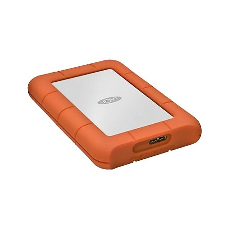 Orange externe Festplatte mit silberner Oberfläche und eingeprägtem Logo.