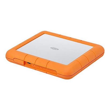 Un disque dur externe rectangulaire orange avec une surface argentÃ©e. Le boÃ®tier a un design robuste.