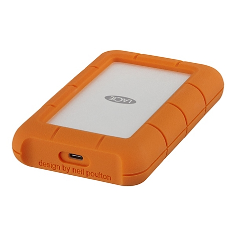 Disque dur externe orange de LaCie. L'étui a un design nervuré, avec les mots "design by neil poulton" en relief.