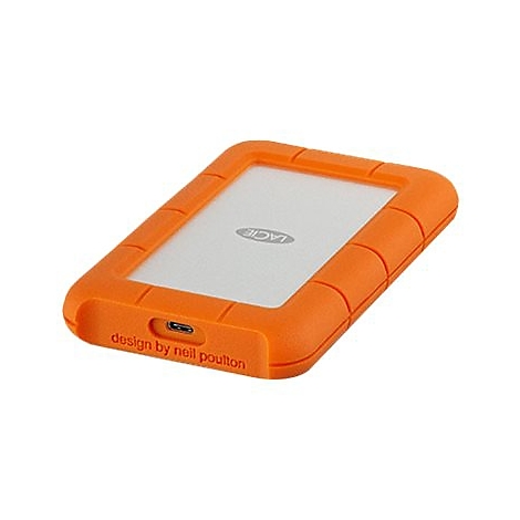 Disque dur externe orange avec surface blanche, port USB. Inscription: «design by neil poulton», logo «LaCie».