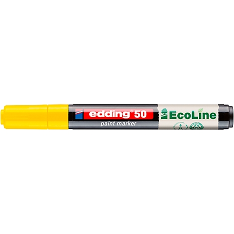 Gelber Edding 50 Paint Marker mit schwarzem Verschluss, Logo und Schriftzug.
