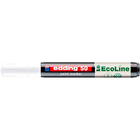 Nahaufnahme eines weißen Edding 50 Ecoline-Lackmarkers. Aufschrift: "Edding 50 paint marker".