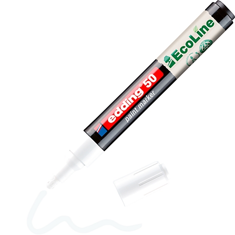 Weißer Edding-Stift mit geöffneter Kappe, der eine Spur Farbe hinterlässt. Auf dem Stift steht "edding 50 paint marker EcoLine".