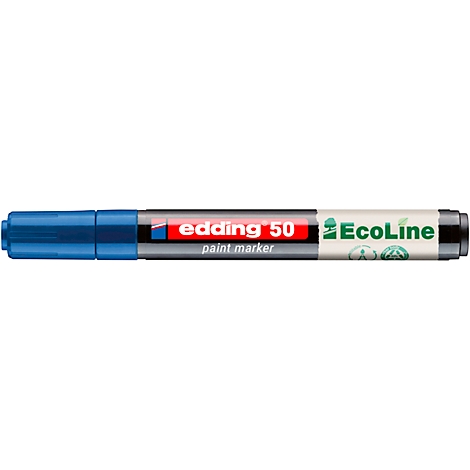 Ein blauer Edding 50 Ecoline Paint Marker. Schwarze Kappe, rotes Markenzeichen. ", "paint marker" steht darunter.