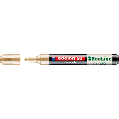 Ein goldfarbener Edding-Filzstift mit offener Kappe. Auf dem Stift steht "edding 50 paint marker" und "EcoLine".