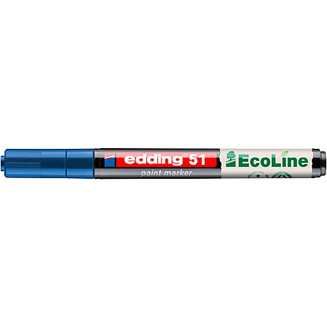 Ein blauer Edding 51 Ecoline Textmarker, mit rotem Streifen und weißer Schrift.