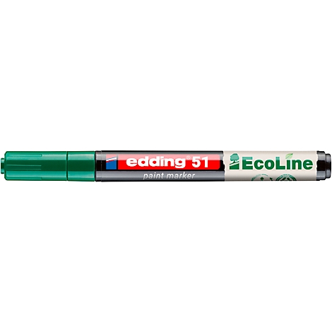 Ein grüner Edding 51 Ecoline-Filzstift. Auf dem Stift steht 'edding 51 point marker' und 'Ecoline'.