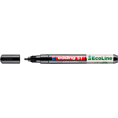 Ein schwarzer Edding-Paintmarker mit geöffneter Kappe. Auf dem Stift steht "edding 51 paint marker" und "Ecoline".