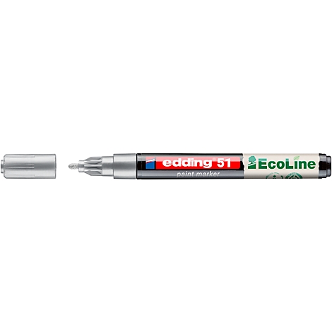 Nahaufnahme einer Hand, die einen Edding 51 Filzstift verwendet, um einen Metallgegenstand zu markieren. Auf dem Stift steht 'Edding 51' und 'EcoLine'.