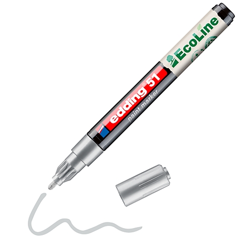 Ein silberner Edding-Marker mit offener Kappe und einer geschwungenen weißen Linie, die er gezogen hat.