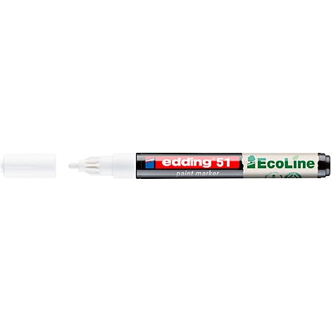 Nahaufnahme eines weißen Edding-Paint-Markers. Der Stift trägt die Aufschrift "edding 51" und "Ecoline".