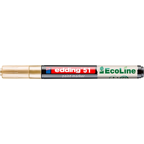 Ein goldener Edding 51 Ecoline Paint Marker. Auf dem Marker stehen die Namen 'Edding 51', 'paint marker' und 'Ecoline'.