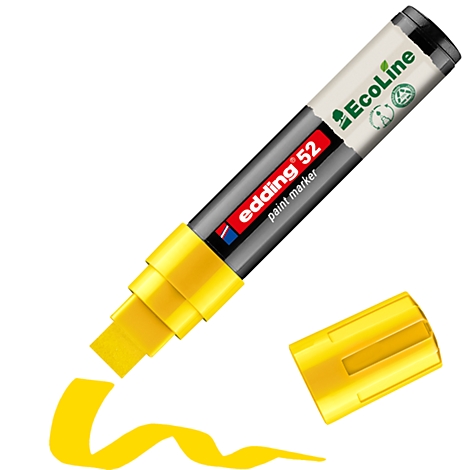 Gelber Edding 52 Paint Marker mit abgezogener Kappe, darunter ein Farbfleck.