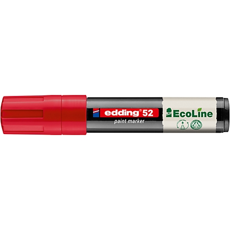 Ein roter Edding 52 Ecoline Lackmarker. Auf dem Stift ist das Logo des Herstellers zu sehen.