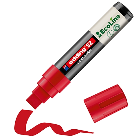 Ein roter Edding 52 Paint Marker mit geöffneter Kappe. Der Marker zieht eine rote Linie.