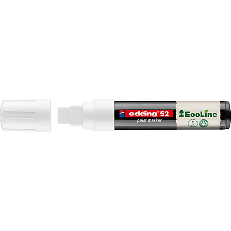 Weißer Edding 52 Ecoline Paint Marker mit offener Kappe, Details der Produktinformation sind lesbar.