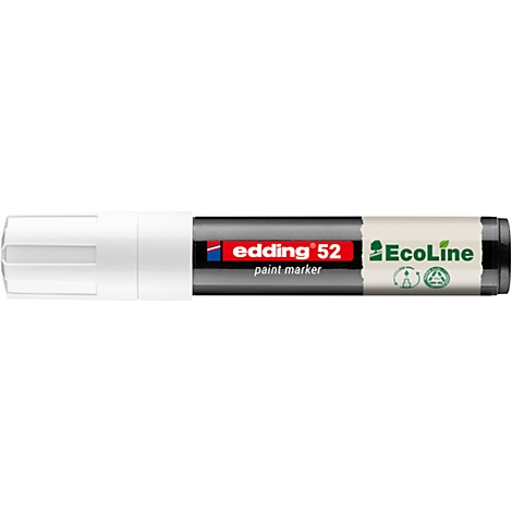 Weißer Edding-Filzstift, mit schwarzem Mittelteil und Text: Edding 52 paint marker. Ecoline. Grünes Baum-Symbol.