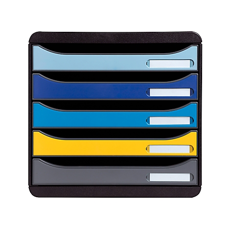 Zwarte documentenorganizer met vijf gekleurde lades: lichtblauw, blauw, turquoise, geel, grijs.