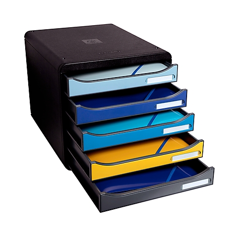 Zwarte bureau-organizer met 4 kleurrijke lades. Lichtblauw, blauw, turquoise en geel. Elke lade met naamlabel.