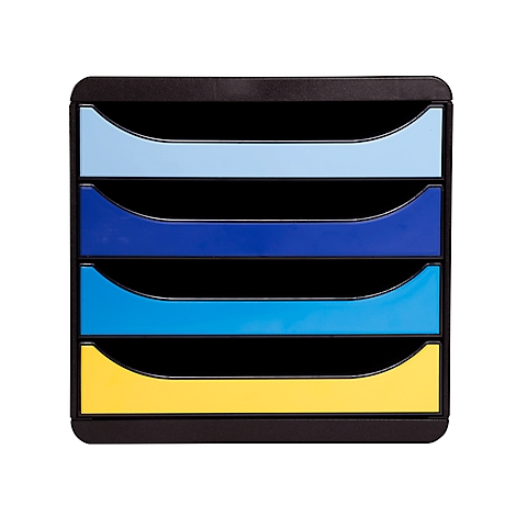Bestandssorteerder met vier gekleurde compartimenten: lichtblauw, donkerblauw, turkoois en geel. Zwart frame.