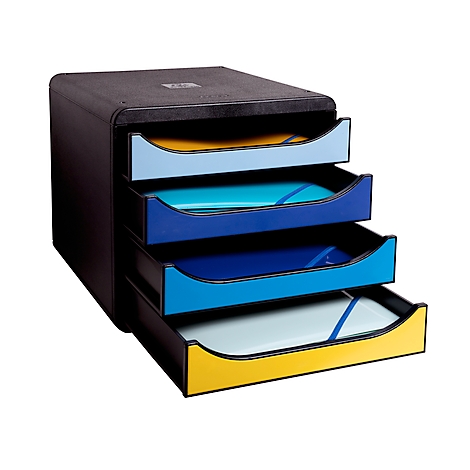 Zwart opbergsysteem met vier gekleurde lades: geel, blauw, lichtblauw, donkerblauw. Elke lade bevat papier.