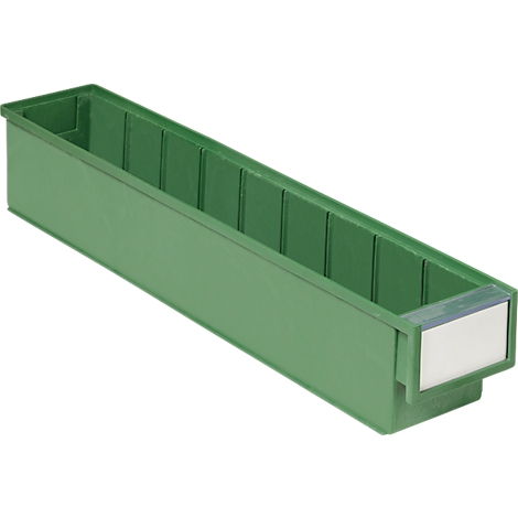 Langwerpige groene plastic doos met rechthoekige uitsparing voor etikettering. Intern verdeeld.