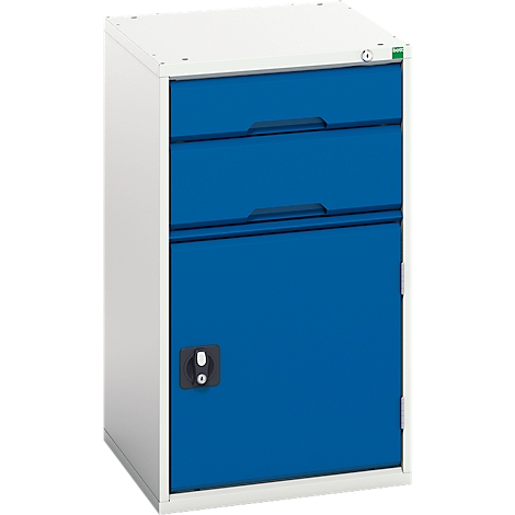 Ladekast onderzijde verso, met flügeltr, 2 laden, enkele lade, legbord, B 525 x D 550 x H 900, plaatstaal, grijs-blauw