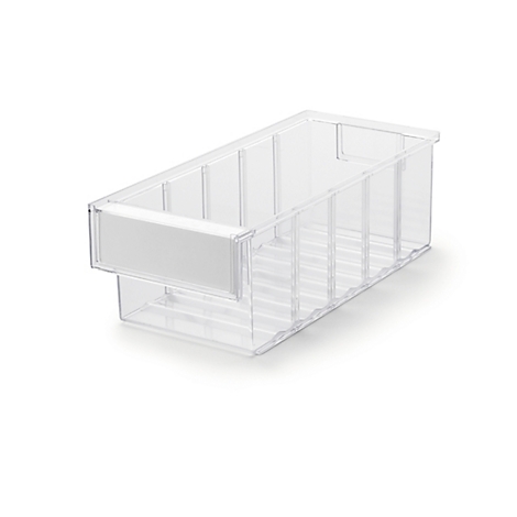 Transparente, rechteckige Aufbewahrungsbox aus Kunststoff mit Etikettenhalter an der Vorderseite.